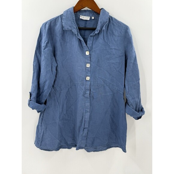 Habitat 100% Linen Blue Women's Top Mother of Pearl Buttons Swing Bottom SMALL - Picture 12 of 16